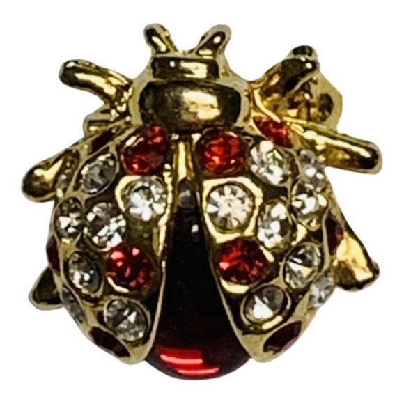 Women’s Red & White Crystal Glass Enamel Ladybug Gold Tone Vintage Brooch - Picture 1 of 6